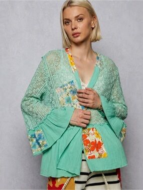 POL Mint Green Lace & Floral Patch Kimono Coverup